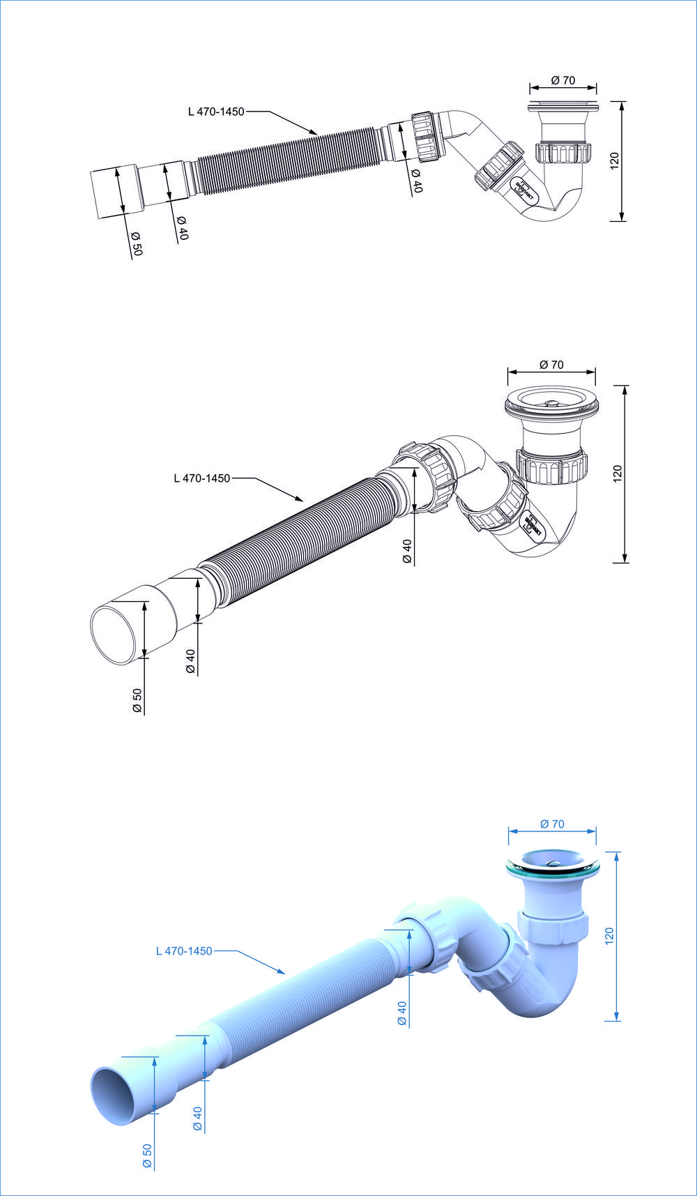 Сифон для поддона S-обр. 1 1/2-40 c гофр.трубой 40*40х50 (1450мм.) BT80145