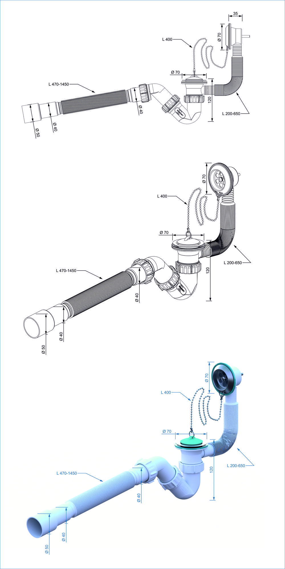 Сифон для ванны S-обр. 1 1/2-40 c гофр.трубой 40*40х50 (1450мм.) SB01145